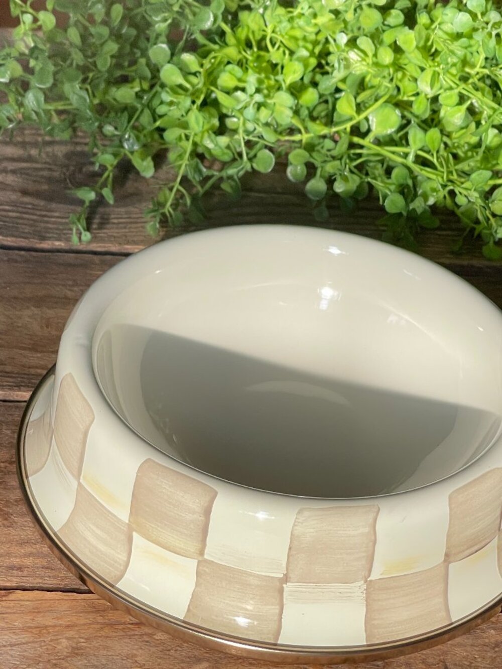 MacKenzie-Childs Mocha Check Small Pet Dish – Enamel Dog Cat Bowl-NWT